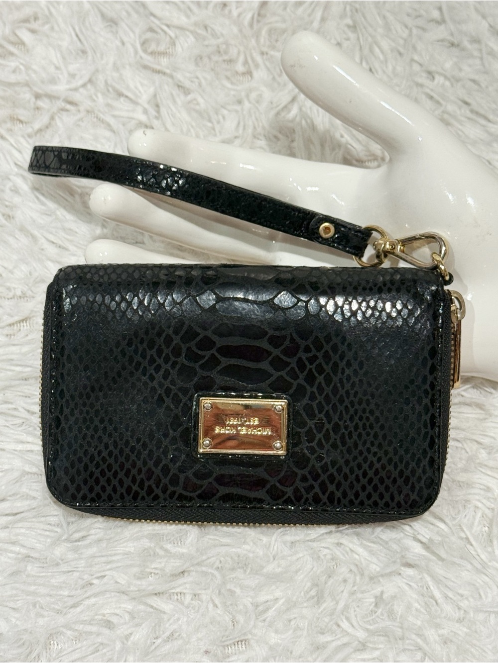 Michael Kors  Black Snake-Embossed Wristlet Wallet with Gold Plate